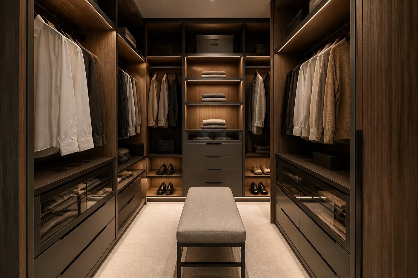 Closet em MDF amadeirado com nichos, gavetas e iluminação embutida
