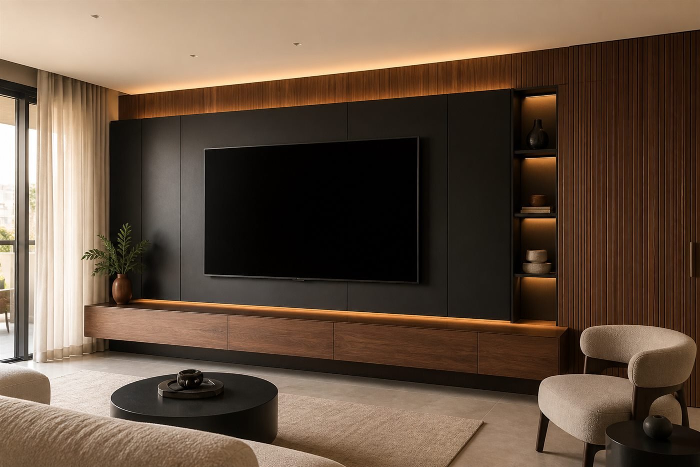 Sala contemporânea com painel ripado de TV e rack suspenso sob medida